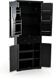 Armadio alto da 184 cm, con ripiani regolabili, cassetto e scaffale, armadio a buffet con 4 ante, per cucina e soggiorno, 77 x 40 x 184 cm (nero)