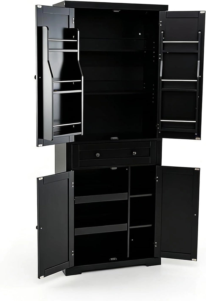 Armadio alto da 184 cm, con ripiani regolabili, cassetto e scaffale, armadio a buffet con 4 ante, per cucina e soggiorno, 77 x 40 x 184 cm (nero)