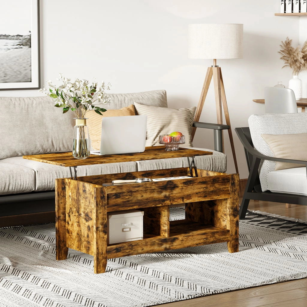 TAVOLINO IN STILE INDUSTRIALE CON VANO CONTENITORE PIANO SOLLEVABILE 105X50X49CM