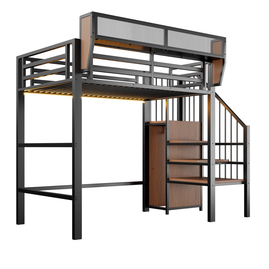 Letto a soppalco 90x200 cm con LED e scala di sicurezza in metallo nero