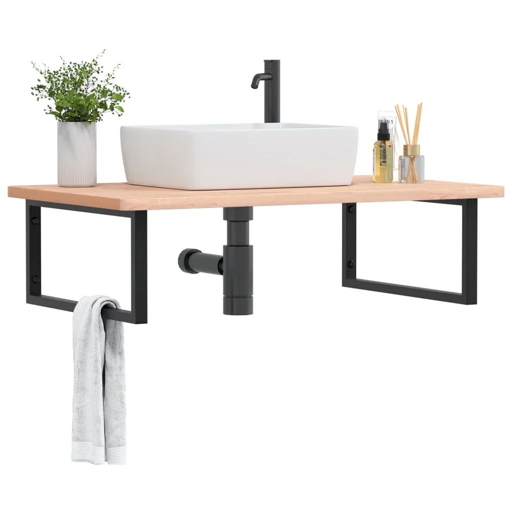 Ripiano a Parete per Lavabo in Acciaio e Massello di Faggio 3302517