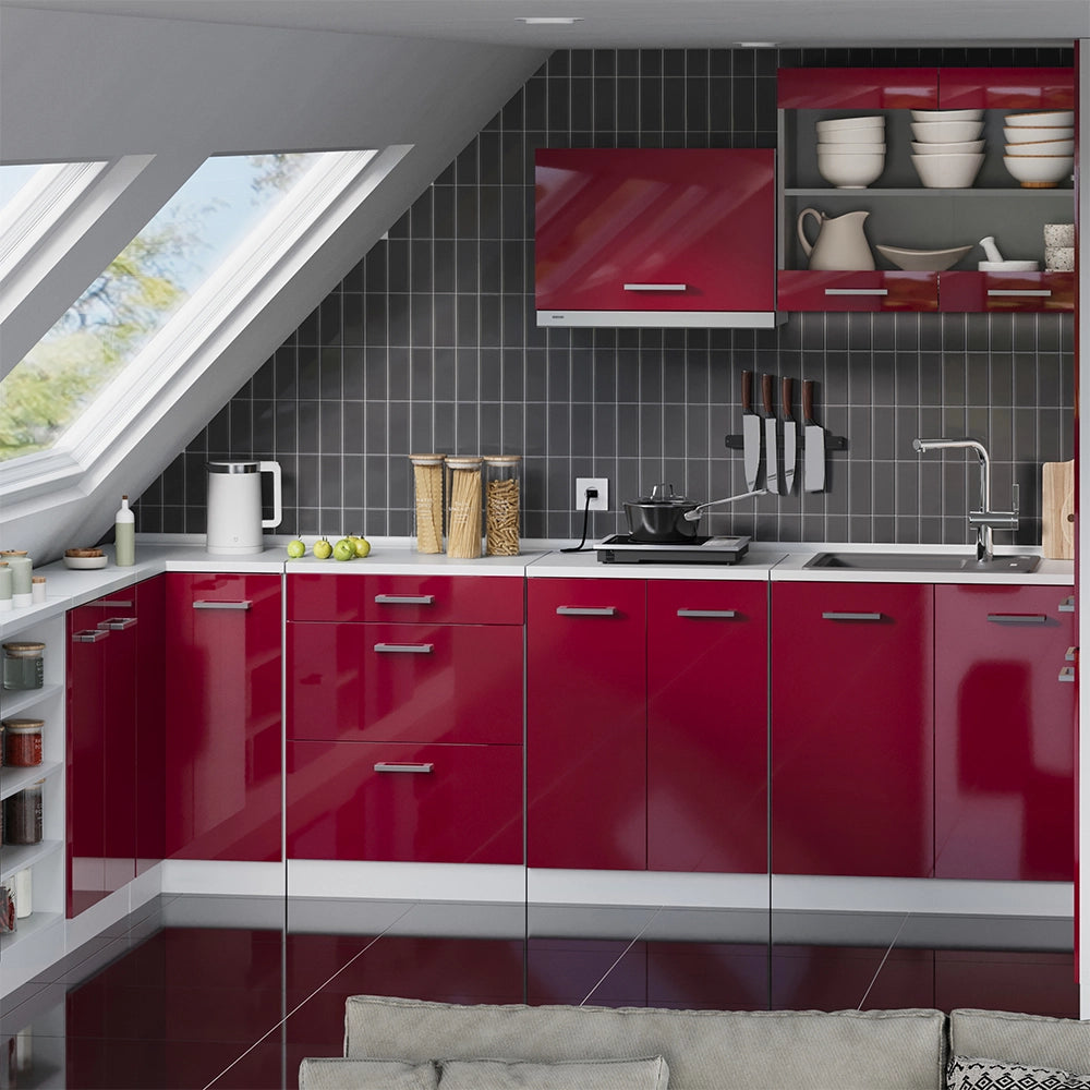 Mobile cucina sottotetto R-Line Rosso lucido/Bianco 60 cm senza inclinazione con 2 ante Vicco
