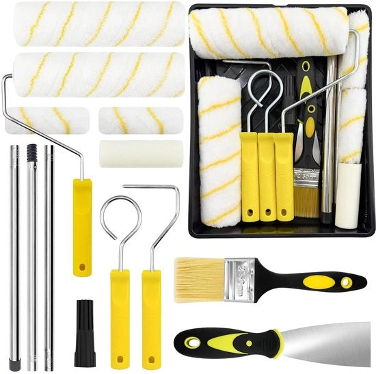 Impianto da pennello 18 pezzi con maniglia da 1,2 m – set di pennelli e rulli 23 cm + 11 cm, pennelli, raschietti e contenitore per vernice – impianto da pennello per pareti e soffitti