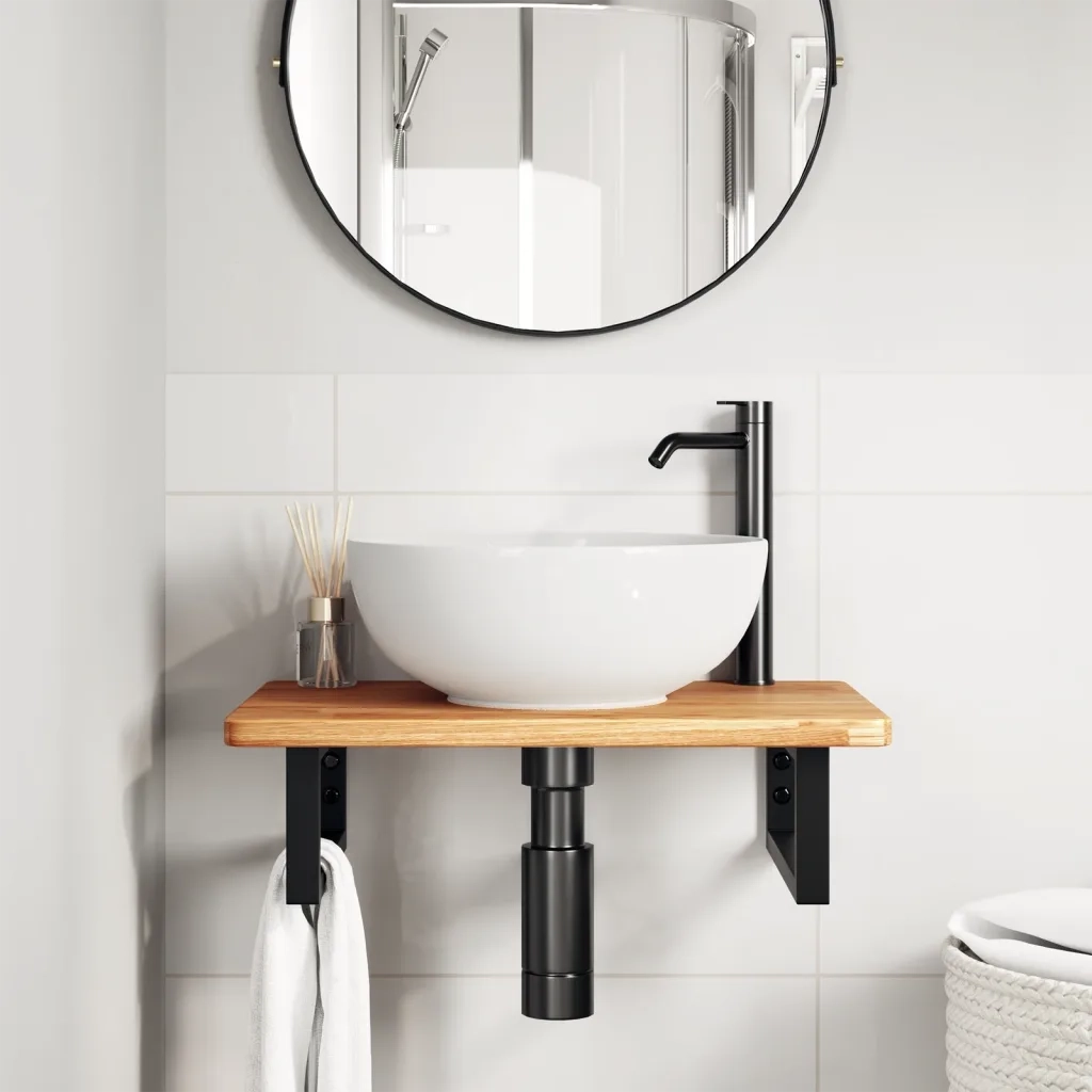Ripiano a Parete per Lavabo in Acciaio e Massello di Rovere 3302341