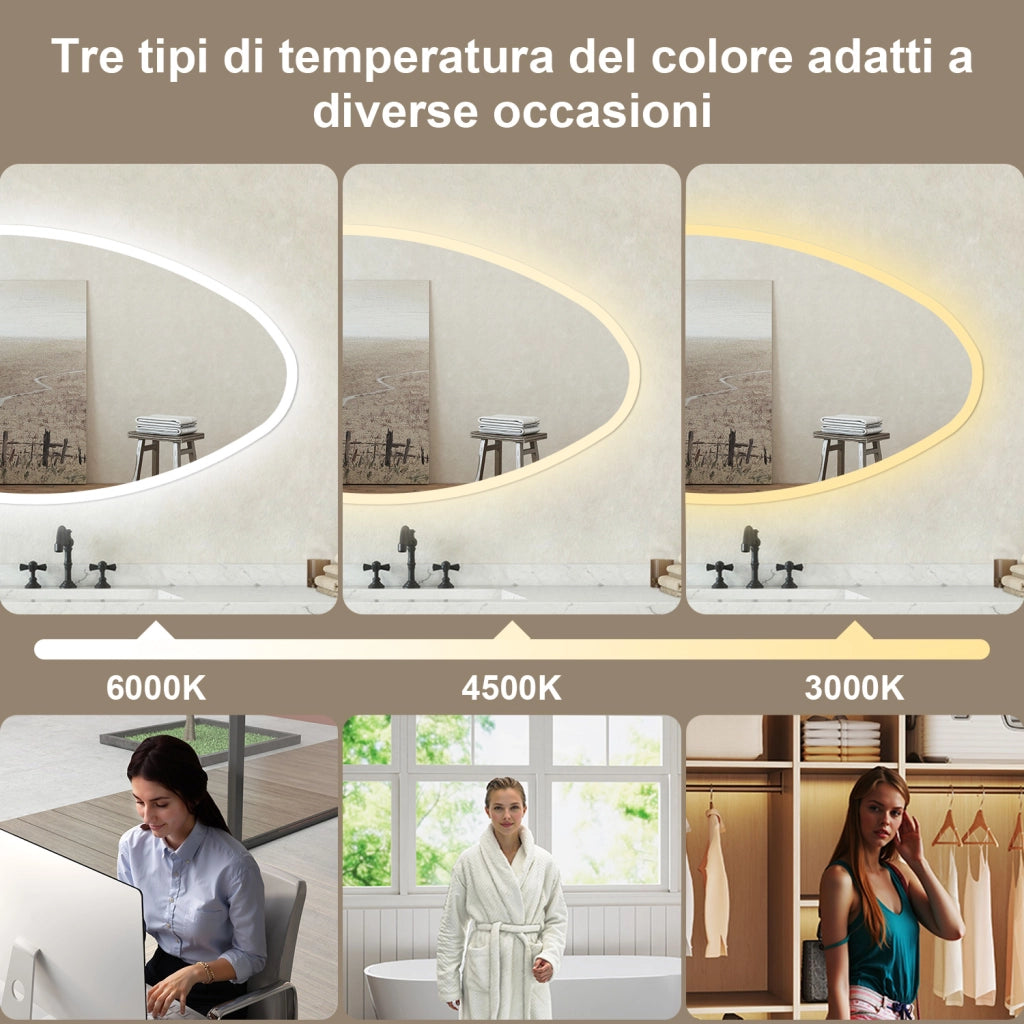 Specchio bagno Asimmetrico 80x55cm Retroilluminato Con Led, Antiappannamento + 3 Luci + Antiappannamento