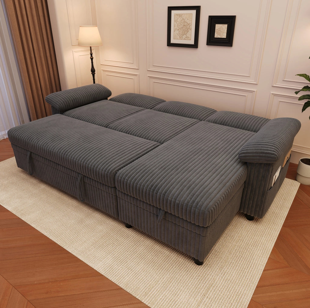 Divano angolare L con funzione letto; ottomana reversibile con contenitore; USB/Type?C; grigio