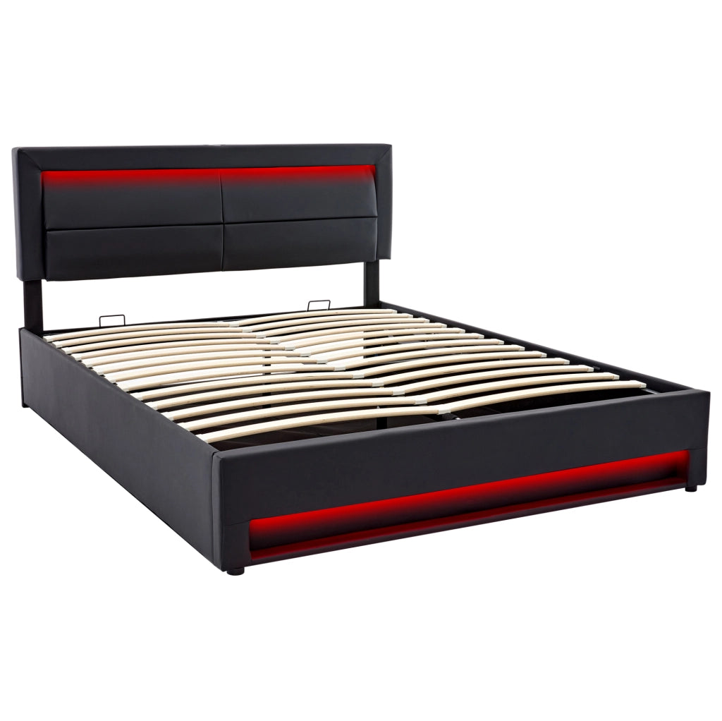 Letto imbottito 160 × 200 cm con contenitore; LED; USB e ricarica wireless; PU nero