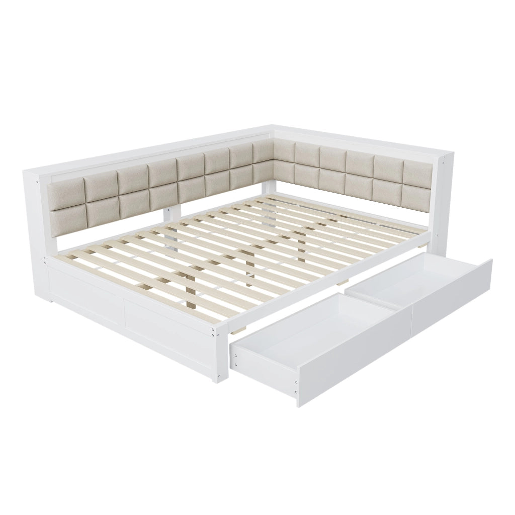DESMIU Letto a banquette 140 × 200 cm 2 posti con 2 cassetti, schienale imbottito, senza materasso, in legno, bianco