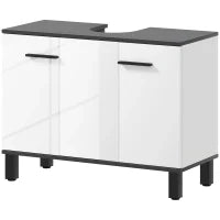 Mobile Sottolavabo Bagno con Armadietto 2 Ante e Ripiano Regolabile, 80x34x60 cm, Bianco Lucido