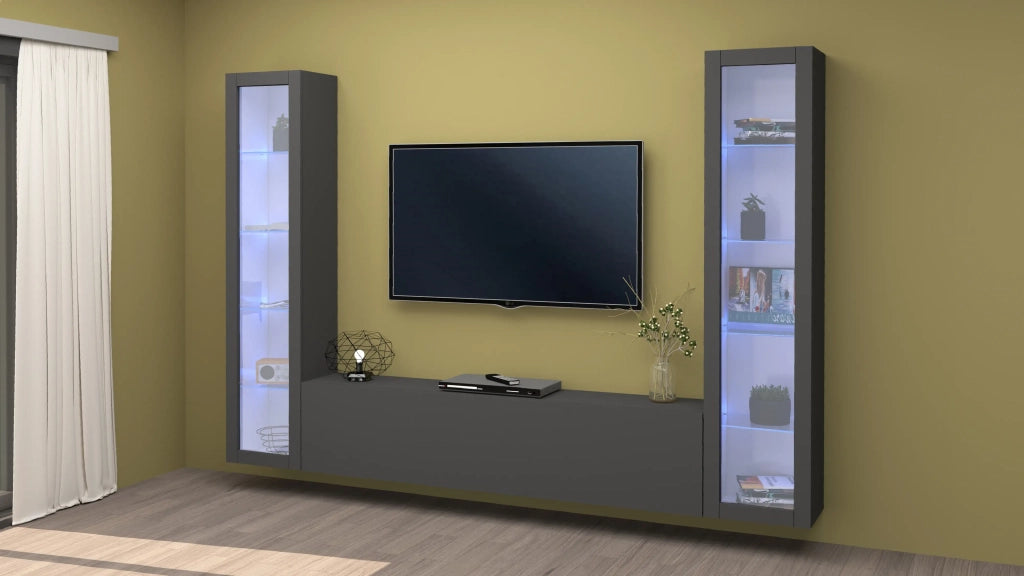 Parete attrezzata mobile TV sospesa design moderno antracite 2 vetrine Liv RT