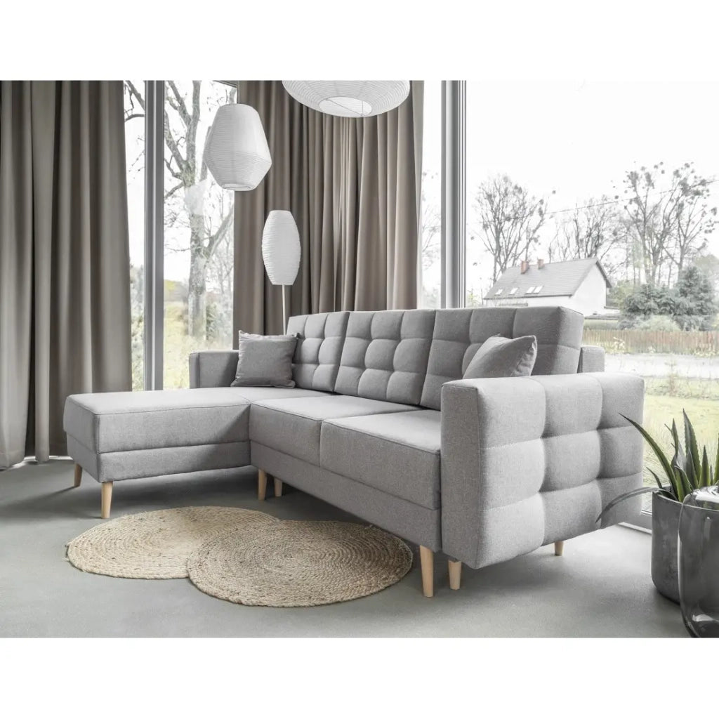 Divano angolare convertibile HASGARD 3 posti grigio 248x162 cm - contenitore e piedi in legno
