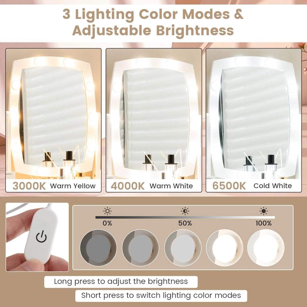 GIANTEX Set Toeletta Trucco con Specchio Illuminato, Tavolo da Trucco 2-in-1 con Luci LED a 3 Colori, 4 Cassetti, Specchio Rotante, Tavolo da Trucco con Sgabello Imbottito, Bianco