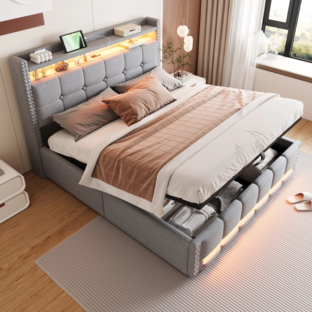 Letto imbottito 160x200 cm con LED, USB e vano contenitore