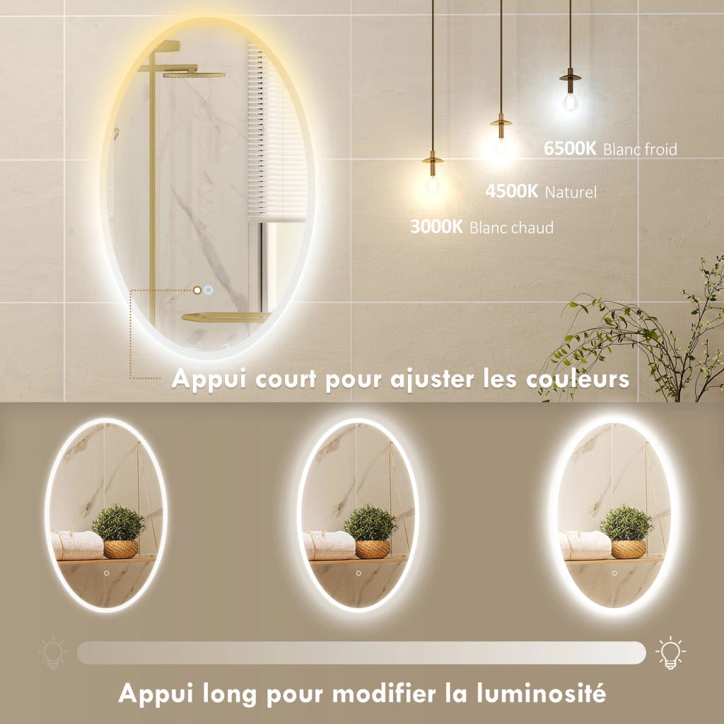 Specchio LED per Bagno Antiappannante 80x50 cm ¨C zephmum ¨C Ovale 3 Luci Regolabile