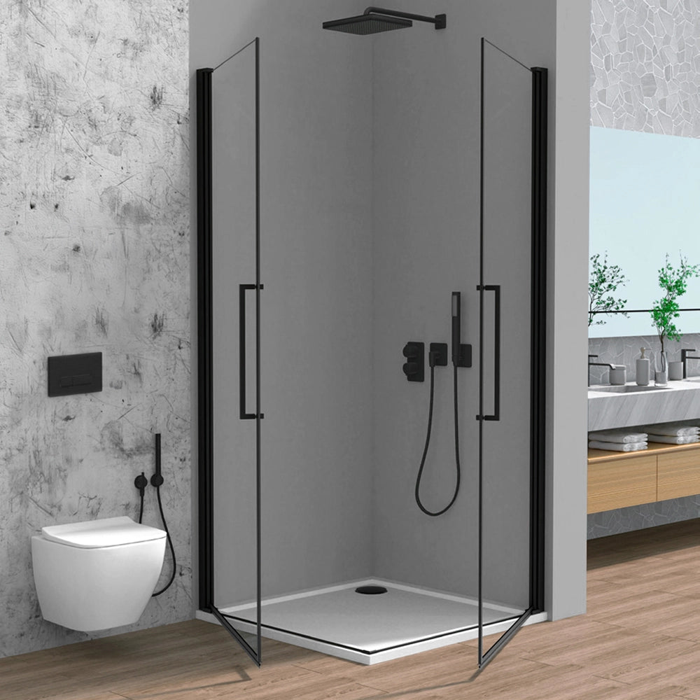Box doccia angolare 70x70 in vetro temperato  doppio battente con profili nero Neos