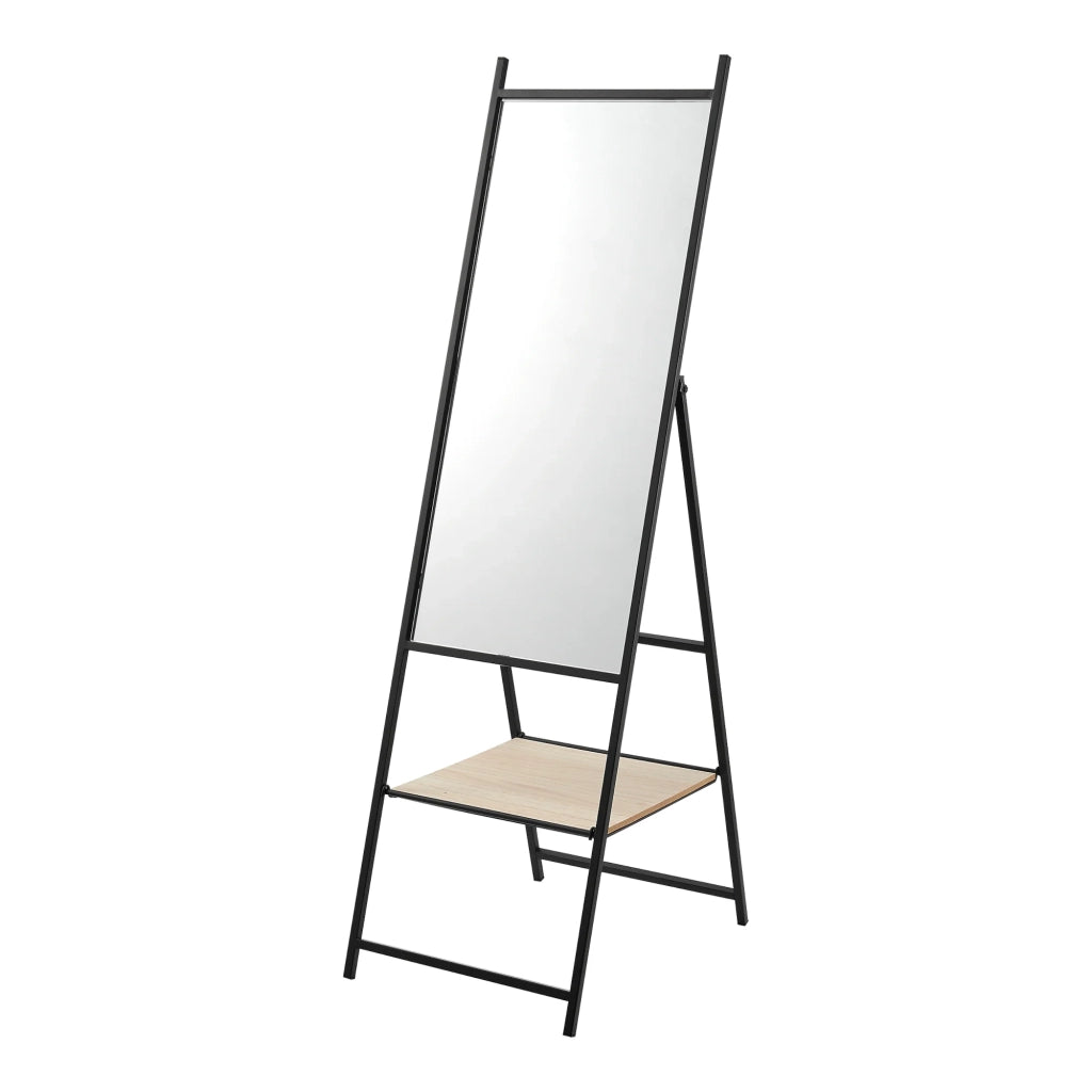 Specchio a figura intera con mensola color camoscio 150 x 44 x 60 cm effetto rovere nero 03_0007966
