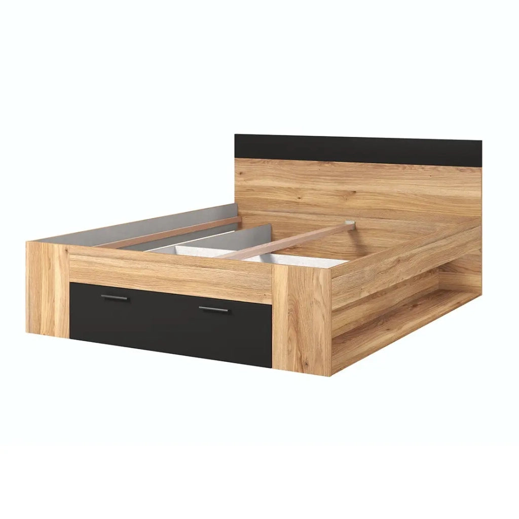 Letto matrimoniale 160x200 con cassetti integrati, rete inclusa, collezione EOS, rovere chiaro e nero