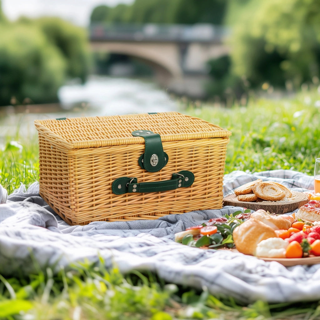 Cesta da Pic Nic per 2 Persone in Vimini con Area Termica e Cavatappi, 40x30x20 cm, Marrone Chiaro