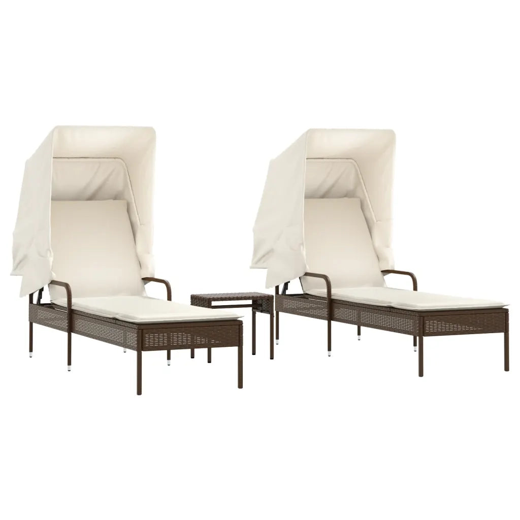 Lettini Prendisole 2 pz | Sdraio da giardino | Lettino da sole con Baldacchino e Tavolino Polyrattan