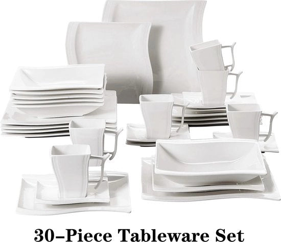 Set da tavola 4 posti - 30 pezzi - Set da tavola completo - 5 tipi di piatti - Design moderno - Bianco - In acciaio inox - Multifunzionale