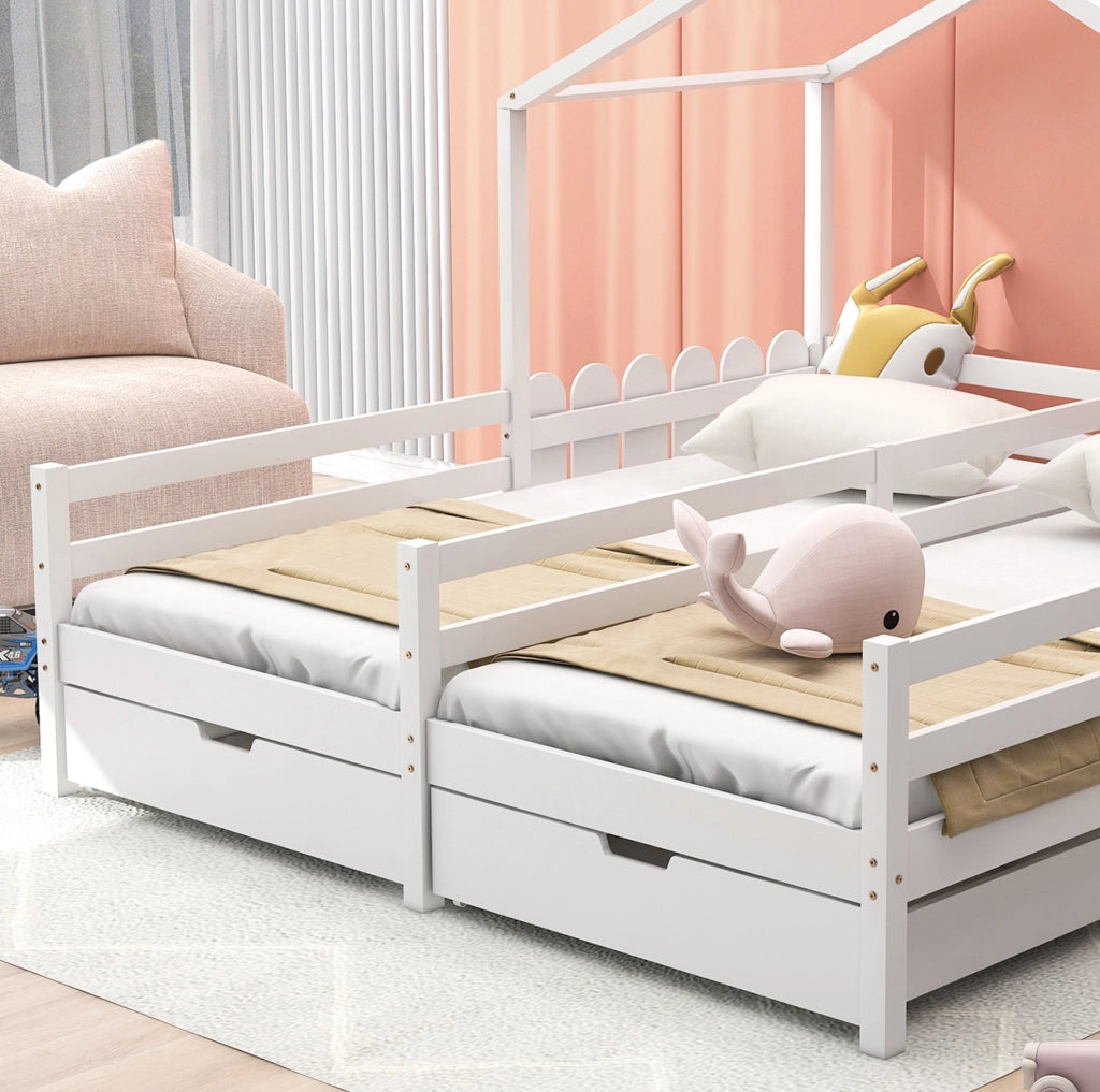 Letto a casetta doppio 200x90 cm bianco con 2 cassetti MDF