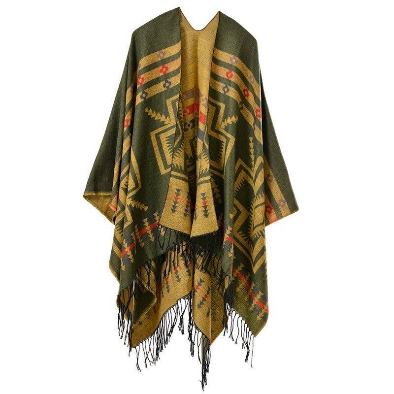 Sciarpa/stola lunga e spessa in cashmere con motivo a nappe incrociate, popolare in Europa e America.