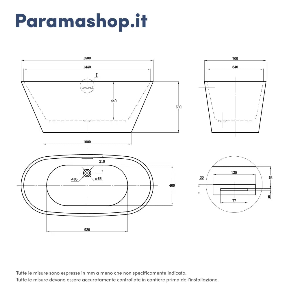 Vasca da bagno freestanding 150cm bianco lucido Mod. Ginevra