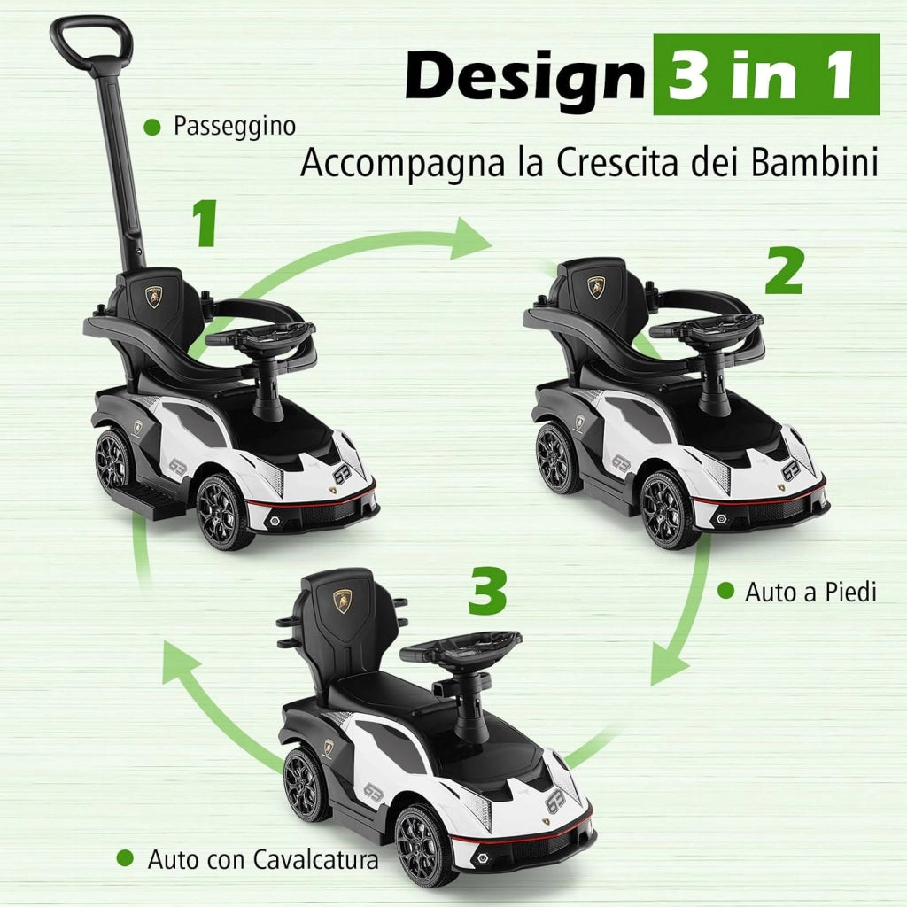 3 in 1 Lamborghini Auto a Spinta per Bambini, Macchina Cavalcabile con Impugnatura e Scatola di Stoccaggio, Ideale per Bambini 12-36 Mesi (Bianco)