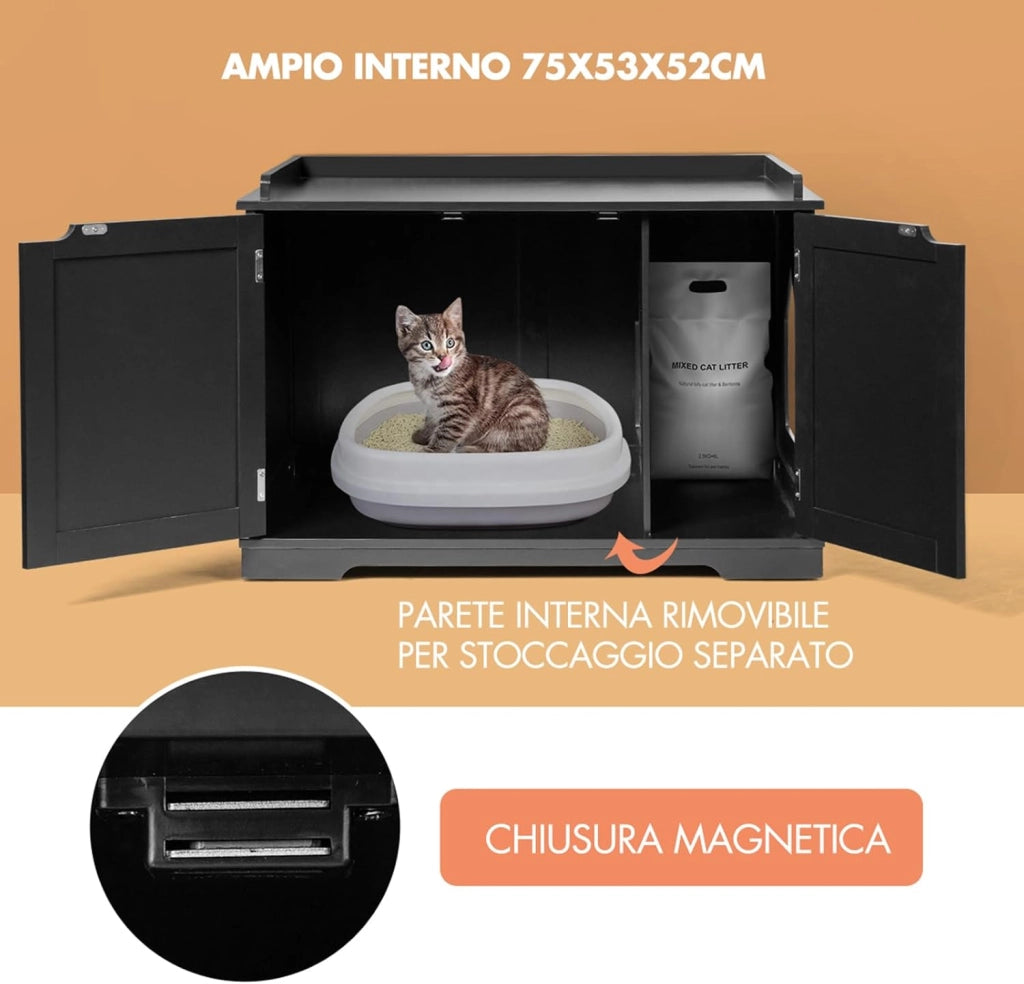 Casetta per Gatti, Lettera per Animali, Recinto con Foro, Cassa con Struttura in Legno Resistente (Nero)