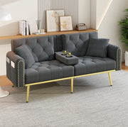Divano letto 2 posti con schienale regolabile a 3 angoli e portabicchieri; velluto grigio; 175 cm