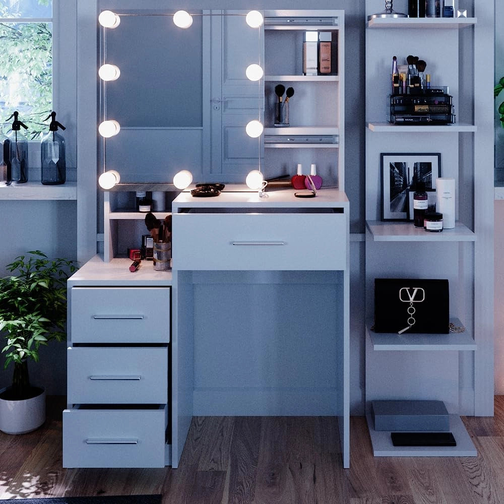 Vicco Tavolo da toeletta Conrada, Bianco, 80 cm con illuminazione a LED, adatto per l'organizzazione di articoli cosmetici e accessori