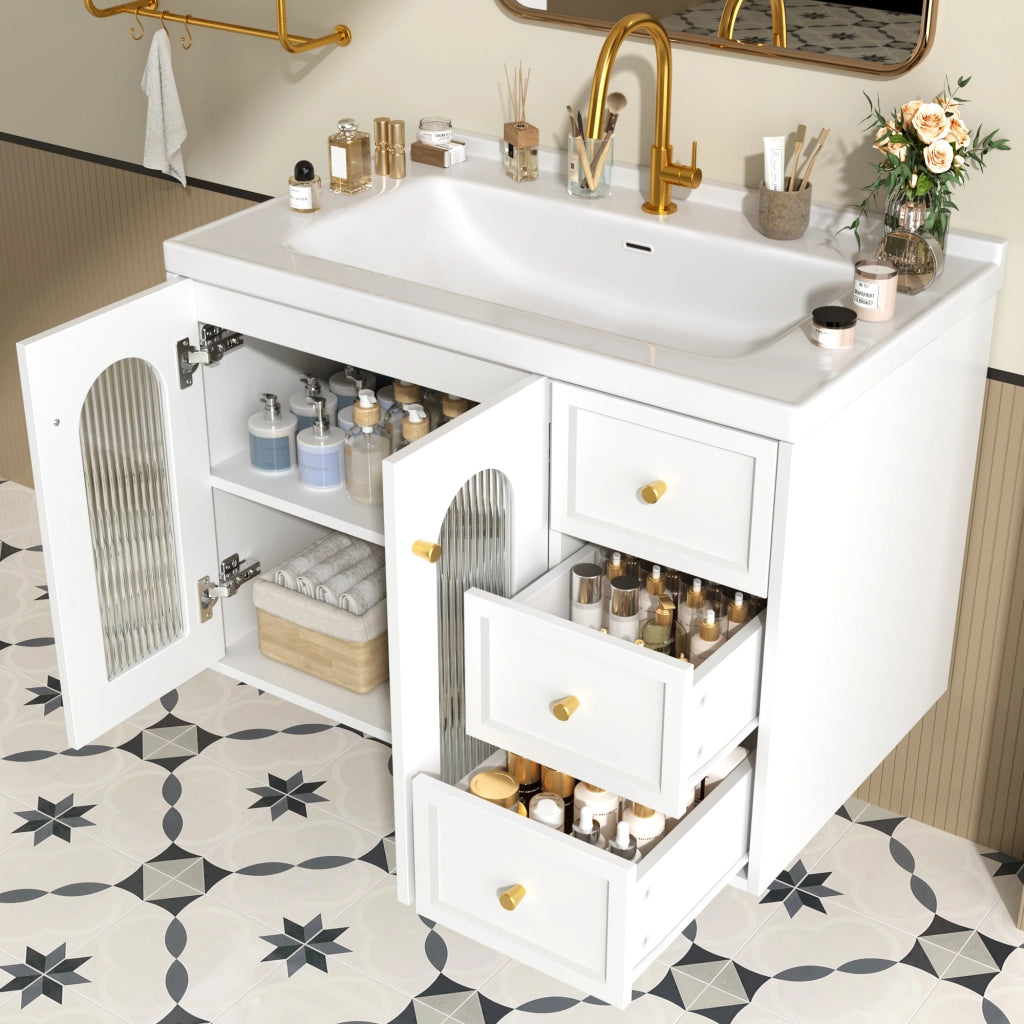 Mobile sottolavabo a parete con 2 cassetti; armadio con porta in vetro ondulato; lavabo in ceramica e ripiani regolabili; bagno