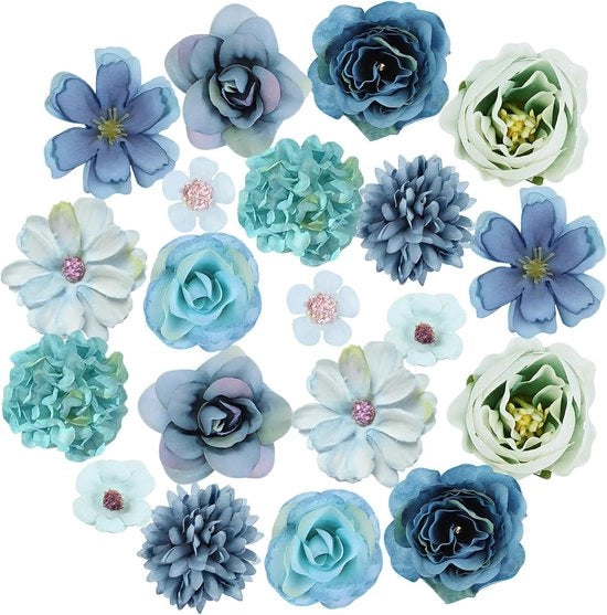 Mini Fiori di Festa 3-5cm - 20 pezzi per decorazione, DIY, matrimoni, San Valentino e fiori di vasi (Blu)