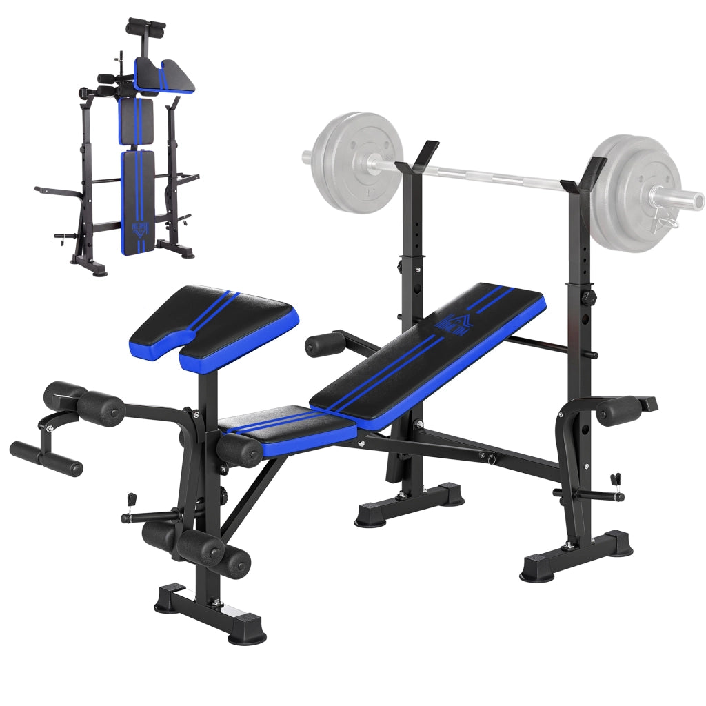 Panca Multiuso con Supporto Bilanciere e Schienale Regolabile, in Acciaio e Plastica, 175x139x127 cm, Nero e Blu