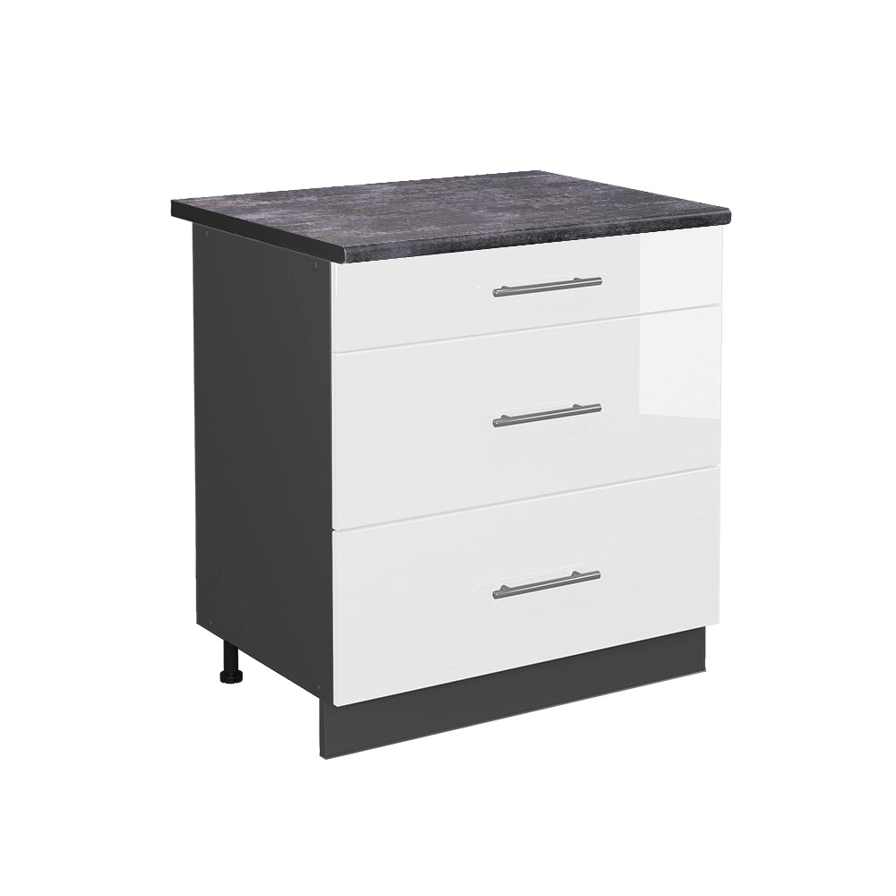 Mobiletto base per cucina Fame-Line Bianco lucido/Antracite 80 cm con 3 cassetti, PL Antracite Vicco
