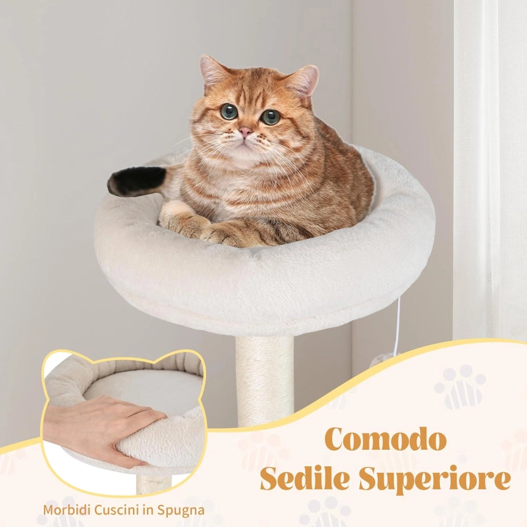 Albero per Gatti, Tiragraffi per Gatti con Tiragraffi in Sisal e Tavole, Piattaforma Arcuata, Posatoio Imbottito in Cima, Condominio con Buco e Piattaforma Arcuata