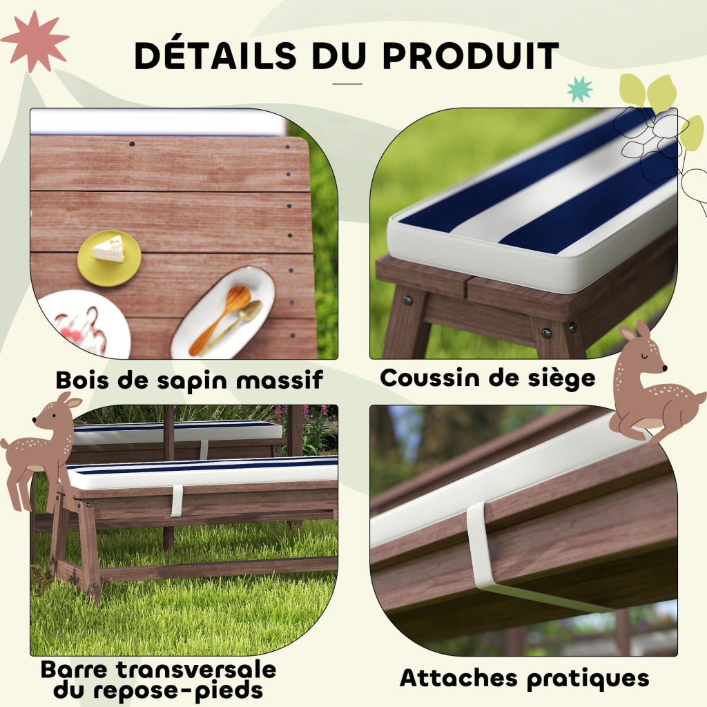 Set Tavolo e Panche da Giardino per Bambini in Legno di Abete con Ombrellone 120 cm e Cuscini a Righe Bianco e Blu Navy Robusto