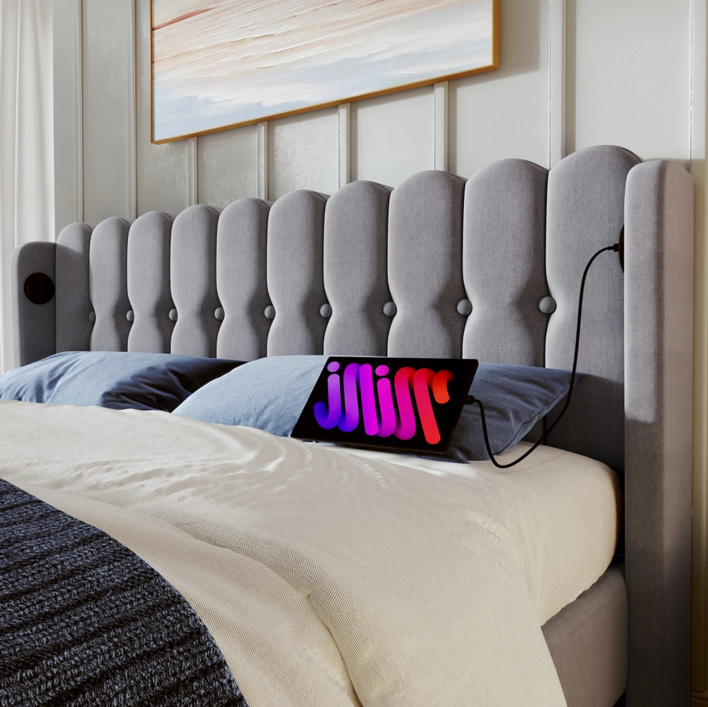 Letto matrimoniale imbottito 140x200 cm in lino grigio con testiera e porte USB e USB-C