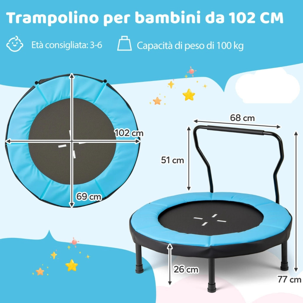 Trampolino per bambini con cuscino di sicurezza per bambini 3-6 anni, Trampolino da fitness per interno/esterno Blu-Trampolini