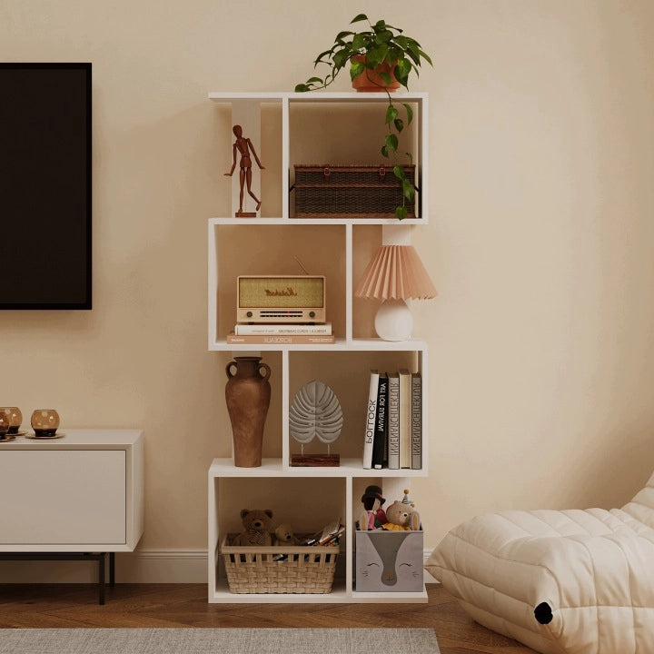 Libreria a colonna bianca aperta, mobile da biblioteca in stile loft moderno, 140 cm