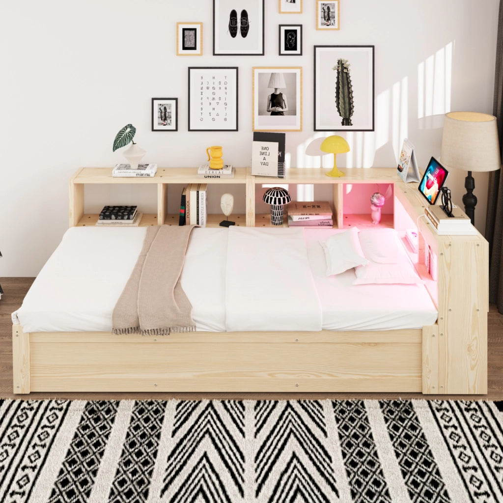 Letto singolo 90 × 200 cm con presa multifunzione, luce LED, vani contenitore e senza materasso, legno naturale