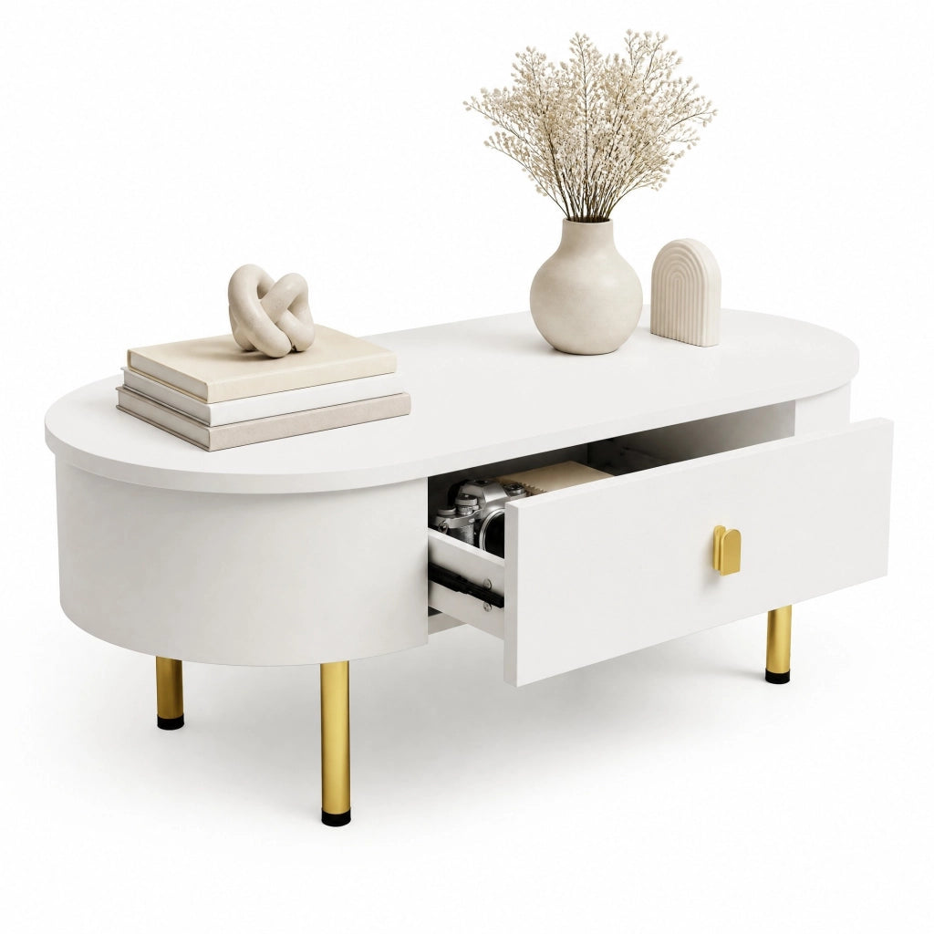 TAVOLINO 108 cm con 2 cassetti, MDF bianco, dettagli oro