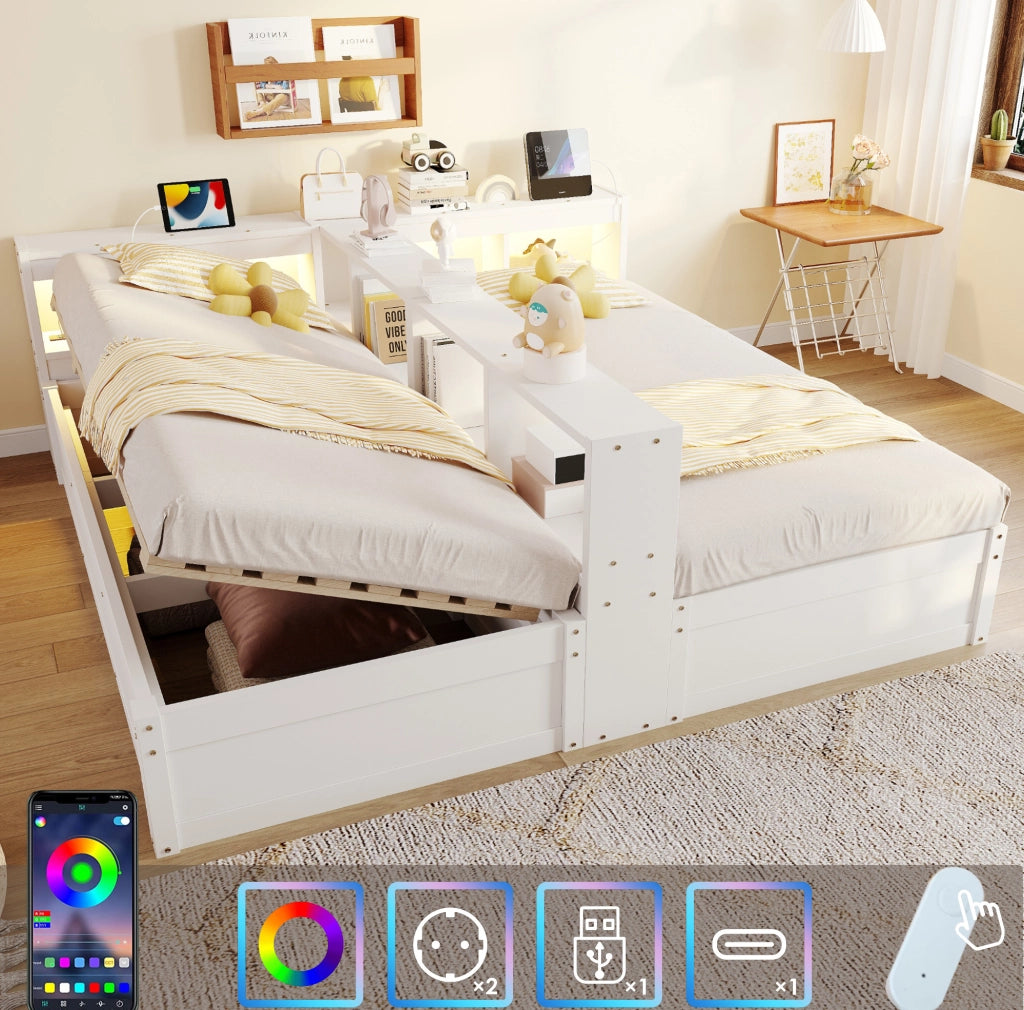 Letto modulare 90/180x200 cm con contenitore idraulico; LED e prese integrate; bianco