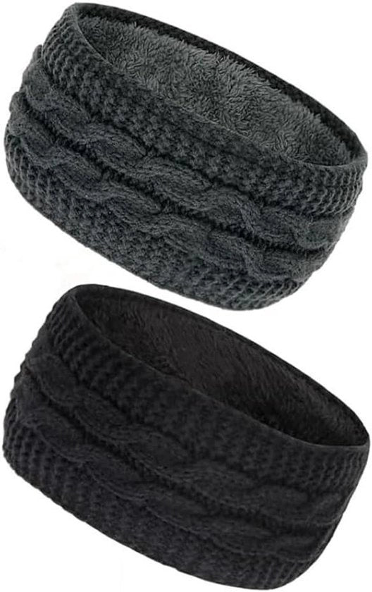 Cappello caldo per donne - Tricotato - Banda per capelli spesse - Cappelli caldi - Auricolari - Donne e ragazze - Nero grigio scuro - Set da 2