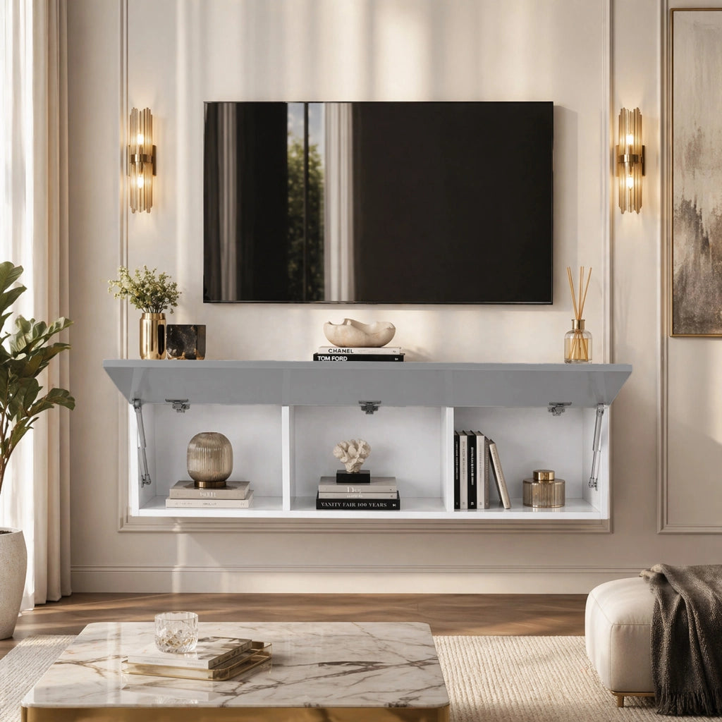 Mobile TV Sospeso Design Minimal Con 3 Vani Contenitore Anta A Ribalta Reversibile Frontale Lucido In Melaminico Per Soggiorno Salotto Zona Living 160 X 34 X 40 Cm Grigio E Bianco