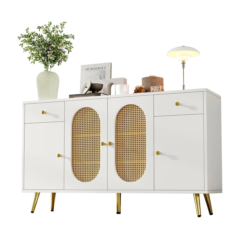 Commode buffet con 2 cassetti e 4 ante - Xylo - Bianco e toni naturali, L140xP35xH82 cm