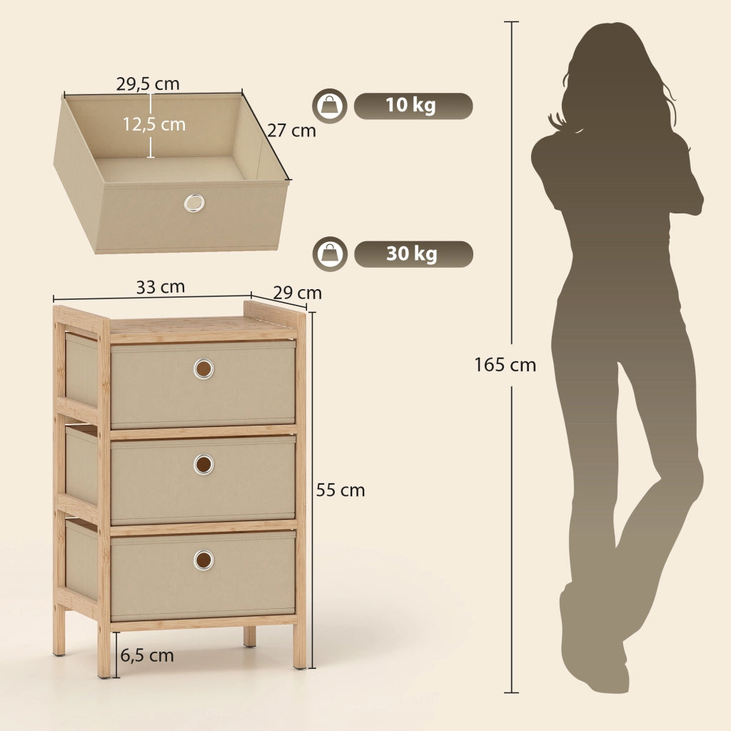 C¨®moda con 3 cassetti in tessuto e struttura in bamb¨´ ¨C zephmum ¨C crema/naturale