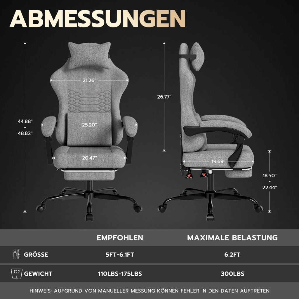 Sedia da ufficio da gaming in tessuto con supporto lombare, poggiapiedi e braccioli sincronizzati grigio chiaro