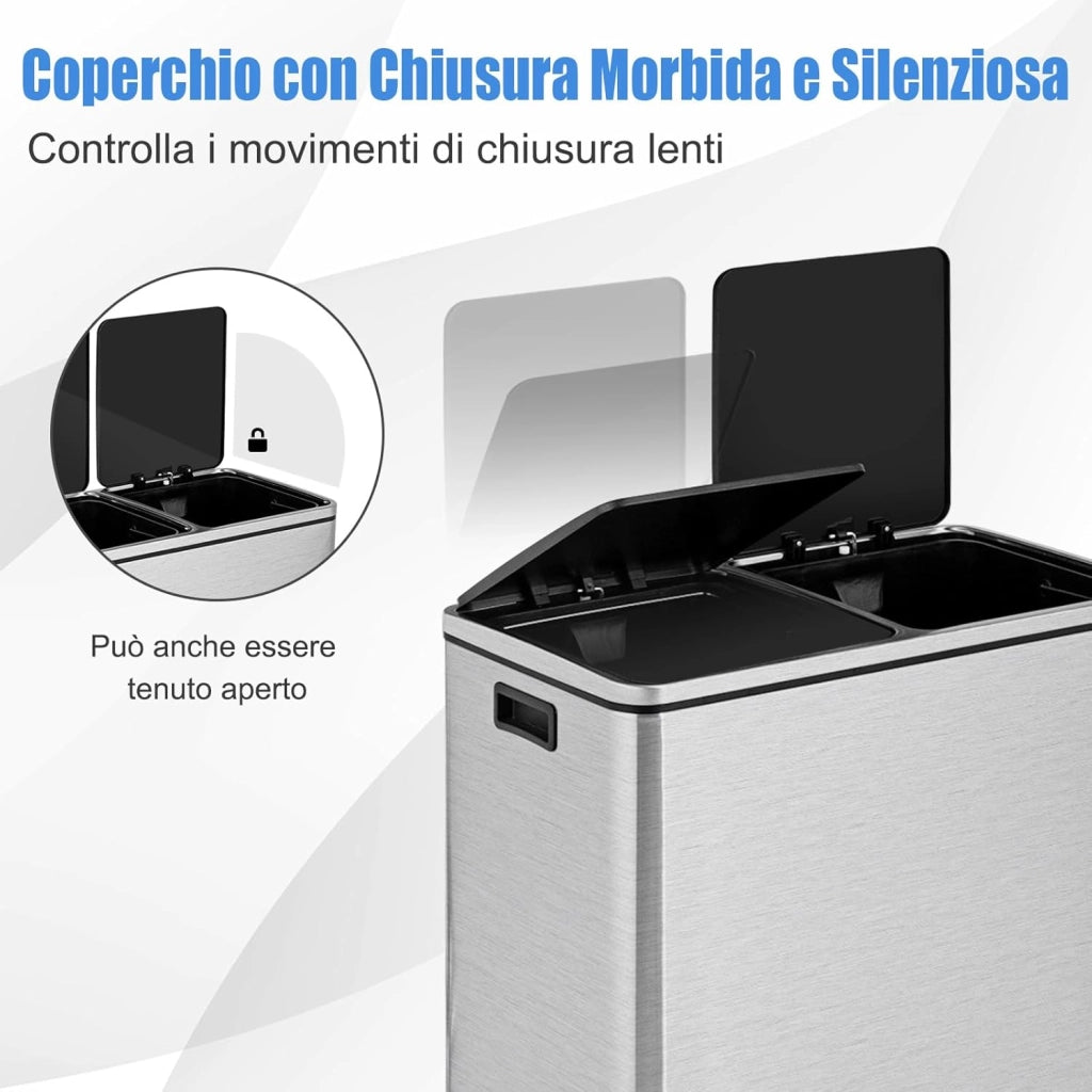 60 L Pattumiera per Differenziata 2 Scomparti, Secchi Spazzatura a Pedale in Acciaio, Cestino per la Spazzatura per il Bagno Cucina Ufficio Casa, 60 x 33 x 66 cm