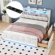 Letto imbottito 140x200 con cassetti; lino beige; LED regolabile e USB